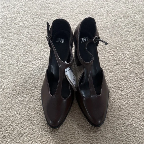 Brand New Zara Chocolate Brown T-Strap Block Heel Pumps - Picture 2 of 6